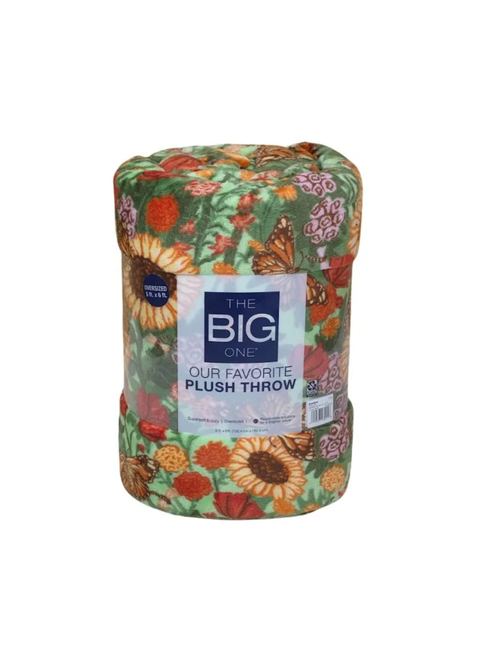 The Big One Oversized Plush Throw Blanket 5x6' Sunflower & Butterfly Print Green